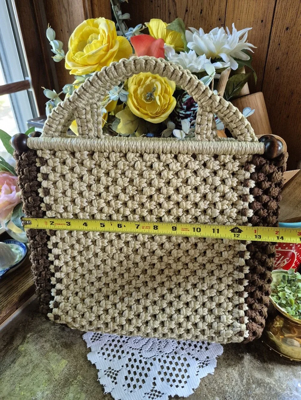 Vintage New Handmade Macramé Tan & Brown Large Tote Bag Wood Side Bead Handles